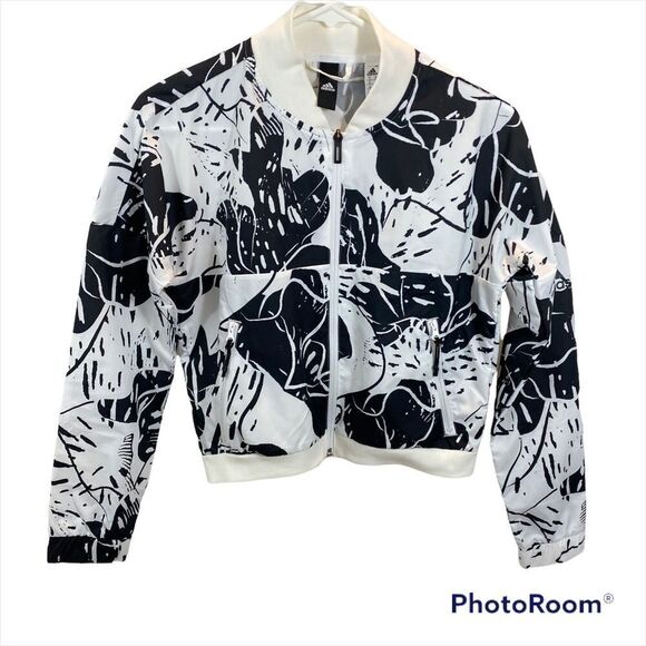 Adidas ladies Athletic Black and White Print Bomber Jacket Size XS - Picture 4 of 16
